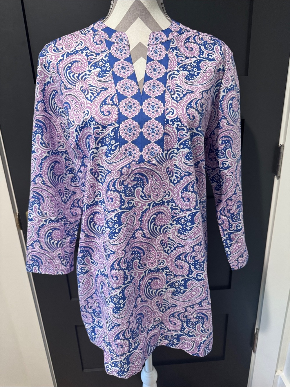 Talbots Paisley Cotton Split Neck Tunic Blouse Size L